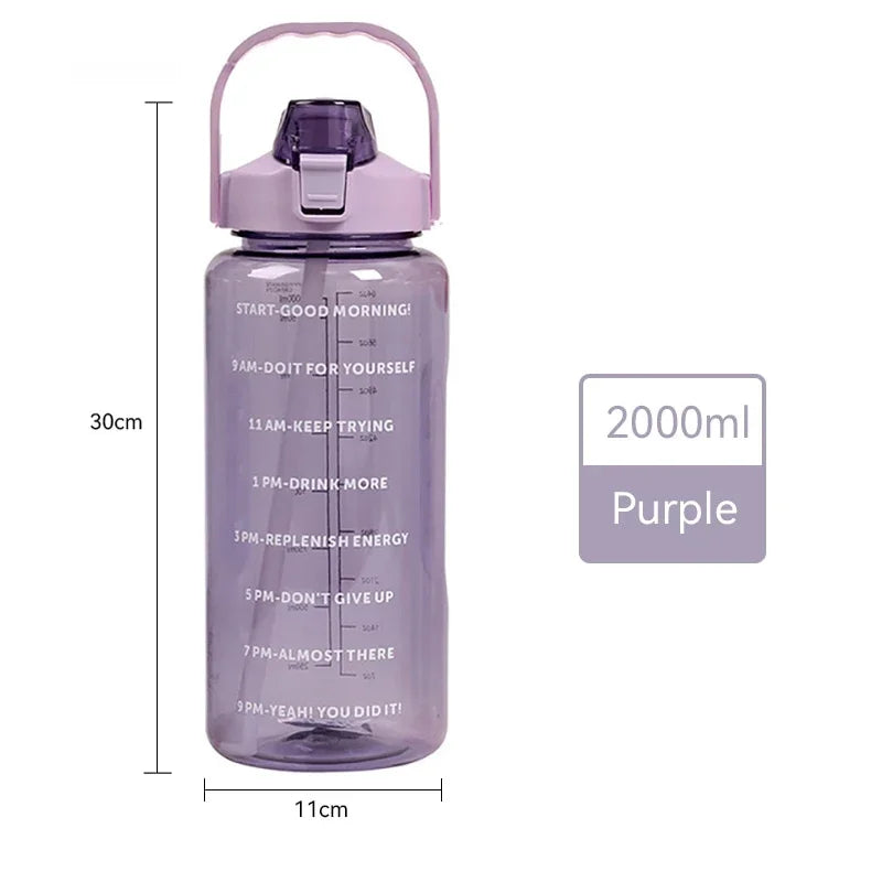 2L Big Water Bottle For Sports With Straws Time Marker Drinking Kittle Bicycle Gym Tumbler Cups Outdoor Fitness Safety Buckle