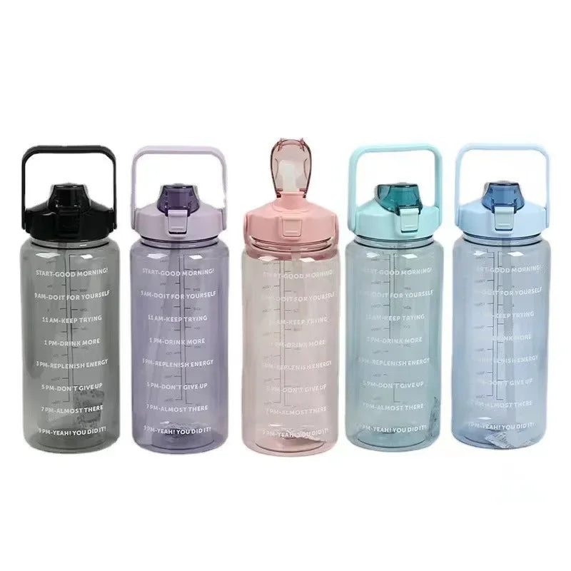 2L Big Water Bottle For Sports With Straws Time Marker Drinking Kittle Bicycle Gym Tumbler Cups Outdoor Fitness Safety Buckle