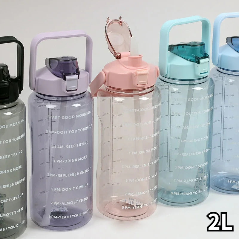 2L Big Water Bottle For Sports With Straws Time Marker Drinking Kittle Bicycle Gym Tumbler Cups Outdoor Fitness Safety Buckle