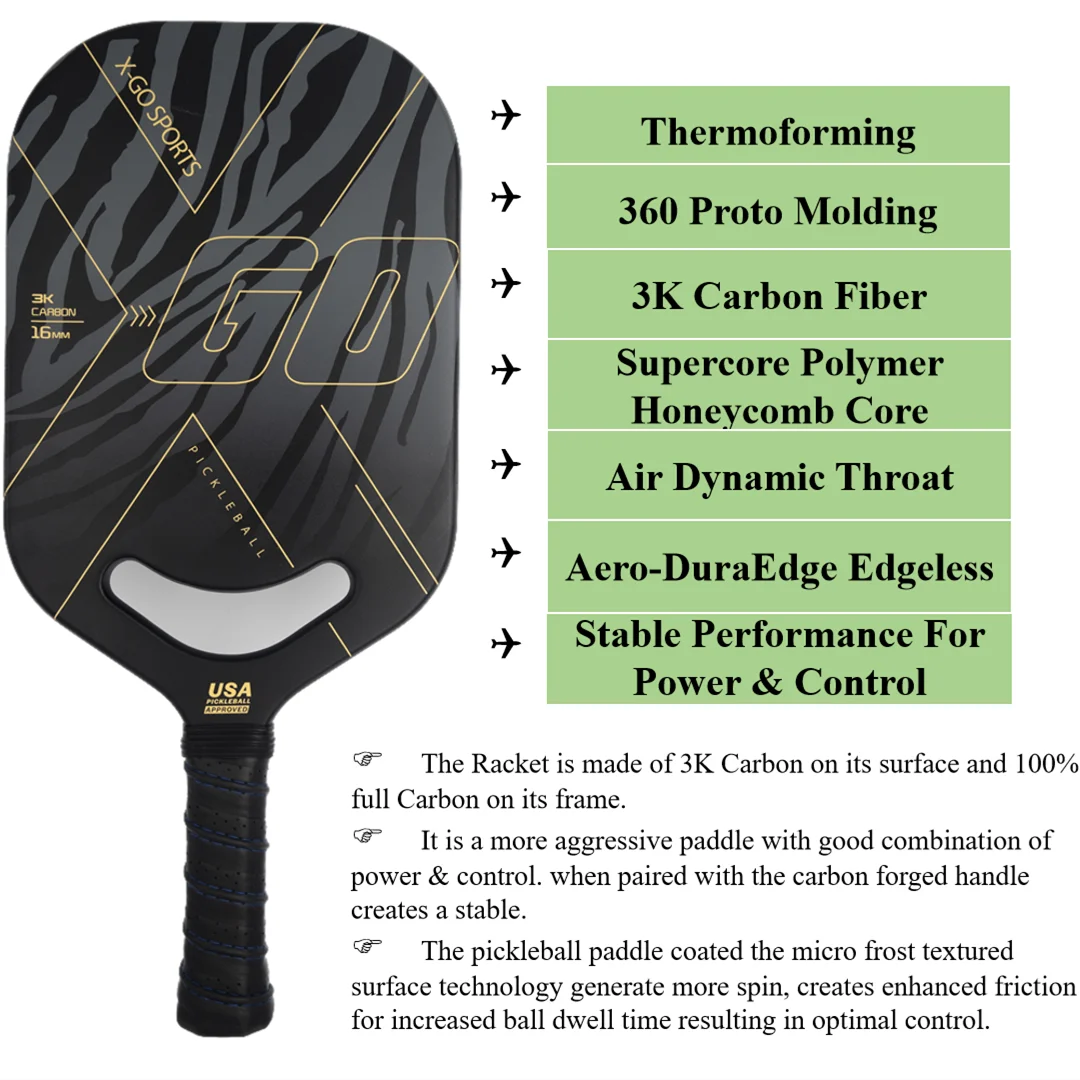 Pickleball Paddle 3K Carbon Fiber 360 Thermoformed Proto Molding Flexfoam Perimeter Texture Surface Edgeless Power Paddle