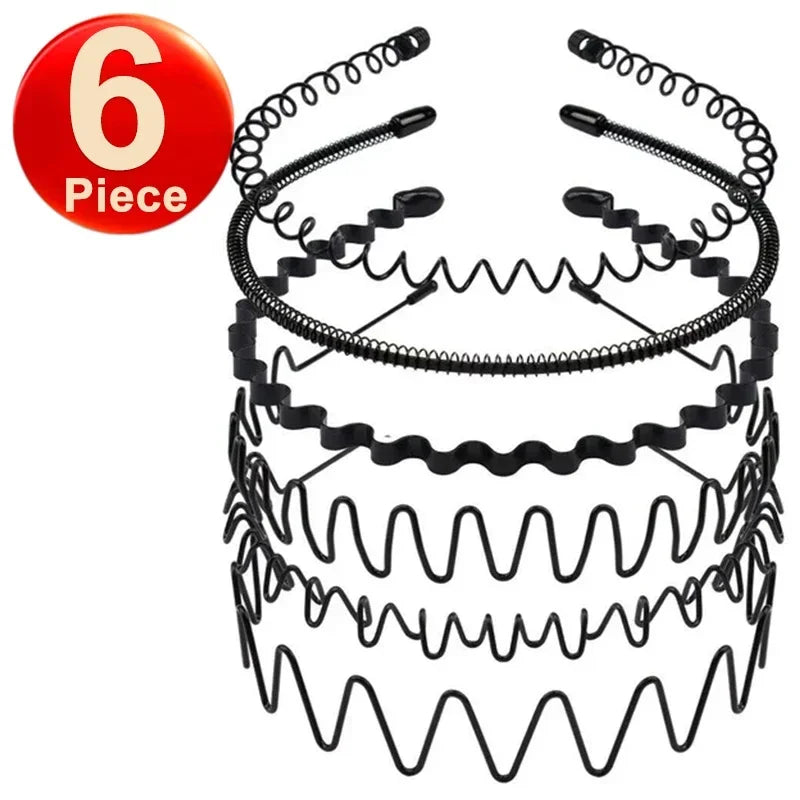 6pcs Fashion Metal Hair Band for Men Women Unisex Black Wavy Hair Head Hoop Band Sports Headband Hairband Hair Accessories Gift