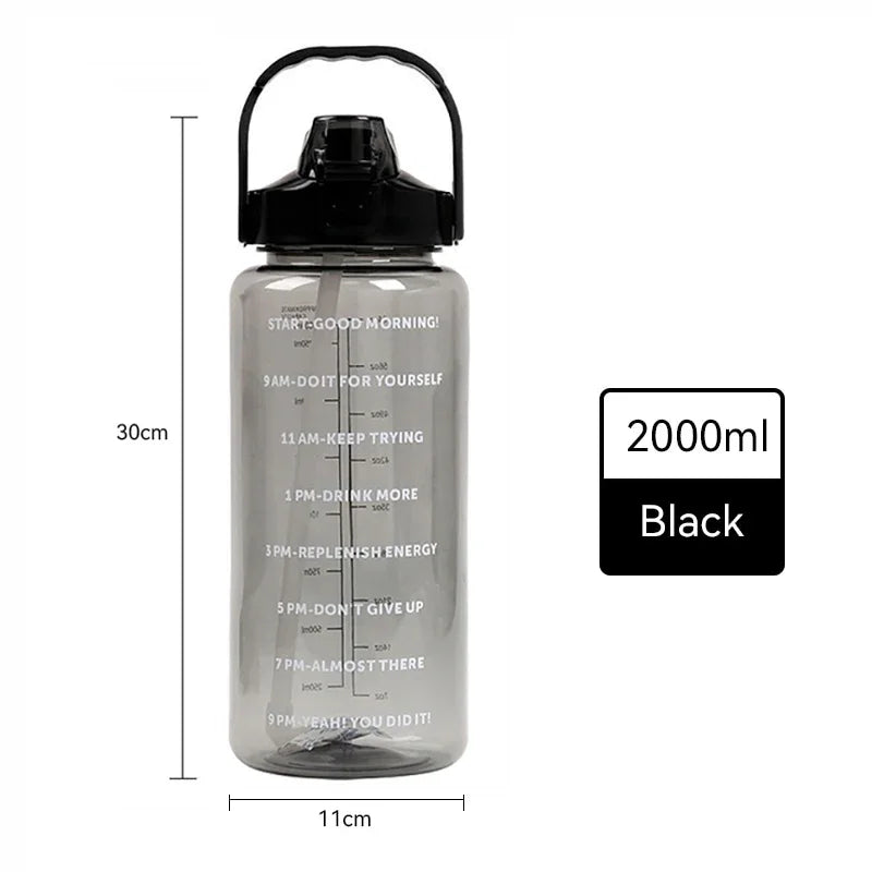 2L Big Water Bottle For Sports With Straws Time Marker Drinking Kittle Bicycle Gym Tumbler Cups Outdoor Fitness Safety Buckle