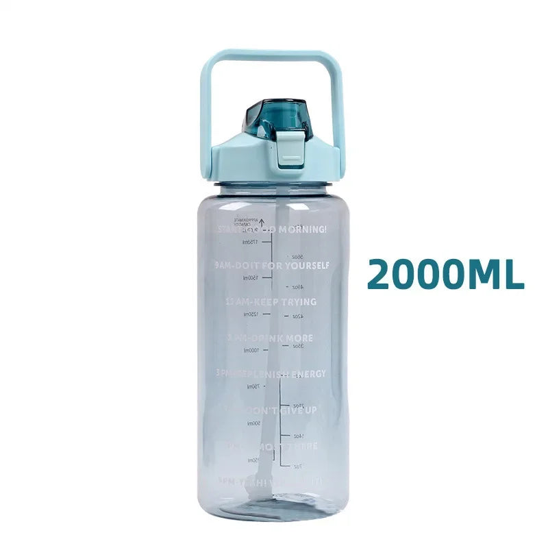 2L Big Water Bottle For Sports With Straws Time Marker Drinking Kittle Bicycle Gym Tumbler Cups Outdoor Fitness Safety Buckle