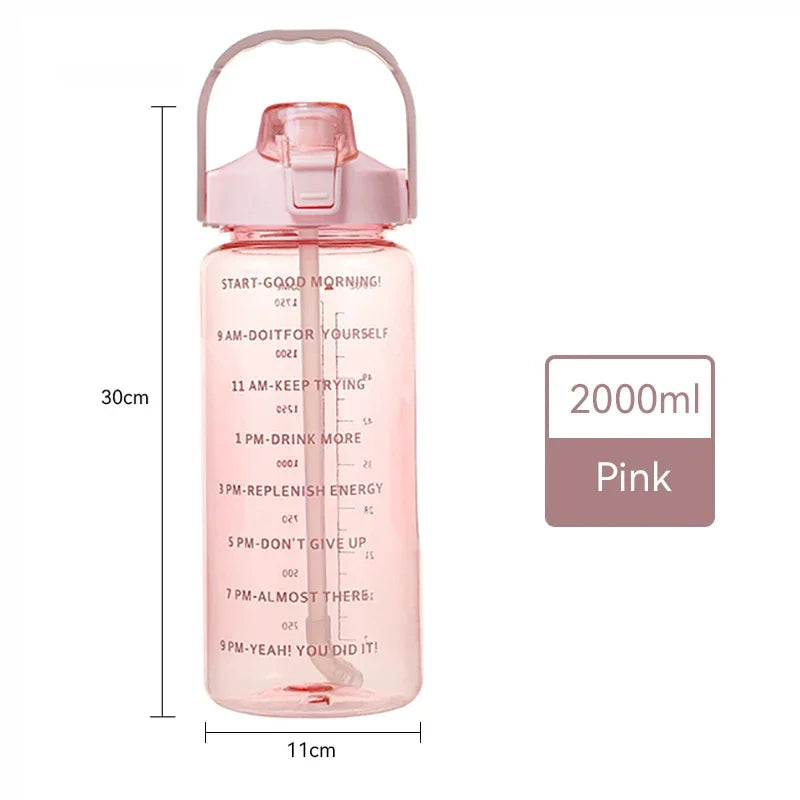 2L Big Water Bottle For Sports With Straws Time Marker Drinking Kittle Bicycle Gym Tumbler Cups Outdoor Fitness Safety Buckle